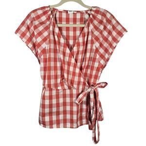 M GAP Orange Gingham Poplin Wrap Top Womens Size XS Cottagecore Picnic Checkered